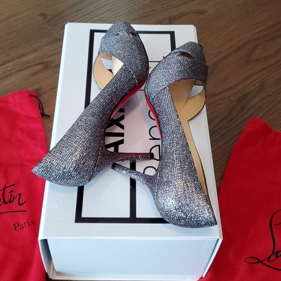 Christian Louboutin Glitter Criss-Cross Peep Toe Stiletto Shoes - Picture 6 of 8